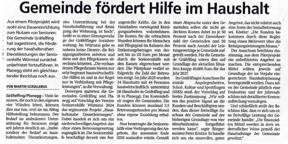 Hilfe im Haushalt für Senioren – Pilotprojekt 2026 wird nach Entscheidung der Gemeinderäte von Gräfelfing und Planegg fortgesetzt